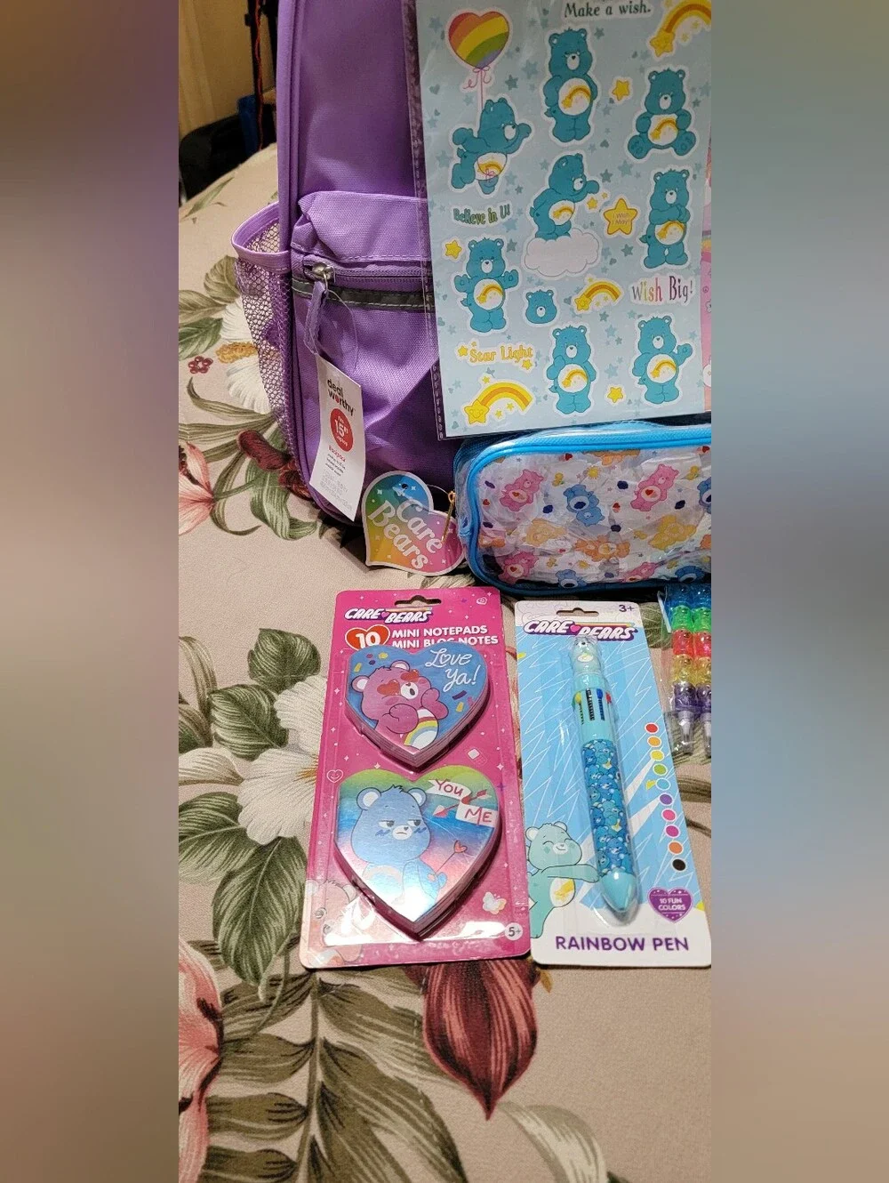 820-Care Bears Purple Backpack with  Matching Pencil Case and Accessories